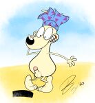 anthro balls censor_bar clothing embarrassed erection fur genitals humanoid_genitalia humanoid_penis looking_down macropod male mammal marsupial nickelodeon nude penis rocko&#039;s_modern_life rocko_rama solo squirrelfromthesouth swimming_trunks swimwear tan_body tan_fur teeth wallaby