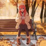  1girl absurdres animal_ear_headwear black_pantyhose black_shirt blue_archive blue_eyes blue_shorts blush boots braid brown_boots brown_hat brown_jacket coffee coffee_mug crossed_bangs cup fur_trim hat highres holding holding_cup jacket long_hair maki_(blue_archive) maki_(camp)_(blue_archive) mug official_alternate_costume official_alternate_hairstyle on_bench open_mouth pantyhose red_hair red_sweater shirt shirt_under_shirt shorts sitting solo sweater turtleneck turtleneck_shirt twin_braids white_shirt yydata1 