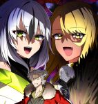  2boys 2girls :d black_hair black_jacket blonde_hair clenched_teeth coat coat_on_shoulders colored_skin dark-skinned_female dark_skin dragon_girl dragon_horns fang fate/grand_order fate_(series) fur-trimmed_coat fur_trim green_eyes grey_hair grey_skin hair_between_eyes hair_over_one_eye highres honchu horns indra_(fate) jacket jewelry long_hair looking_at_viewer multicolored_hair multiple_boys multiple_girls nagao_kagetora_(fate) neck_ring open_mouth red_coat shoulder_spikes smile spikes streaked_hair striped_clothes striped_jacket sweat takeda_shingen_(fate) teeth topknot turtleneck turtleneck_jacket twitter_username uesugi_kenshin_(fate) uesugi_kenshin_(second_ascension)_(fate) upper_teeth_only vertical-striped_clothes vertical-striped_jacket vritra_(fate) vritra_(second_ascension)_(fate) white_hair wide-eyed yellow_eyes 