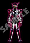  1boy absurdres armor belt black_armor black_bodysuit bodysuit clock_hands commentary_request compound_eyes decadriver fusion green_eyes helmet highres horns kamen_rider kamen_rider_dcd kamen_rider_decade kamen_rider_zi-o kamen_rider_zi-o_(series) looking_at_viewer neofrontier pink_armor ride_booker rider_belt ridewatch shoulder_armor solo tokusatsu zi-o_ridewatch ziku-driver 