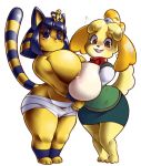  alpha_channel animal_crossing ankha_(animal_crossing) anthro bandage big_breasts blonde_hair blue_eyes blue_hair blush bottomwear breast_squish breasts breasts_frottage brown_eyes buckteeth canid canine canis clothed clothing domestic_cat domestic_dog dorian-bc duo egyptian exposed_breasts felid feline felis female female/female fur hair hi_res huge_breasts isabelle_(animal_crossing) looking_at_viewer mammal multicolored_fur multicolored_hair nintendo nipples one_eye_closed ringtail shih_tzu shirt simple_background skirt squish standing striped_hair striped_tail stripes teeth topless topwear toy_dog transparent_background uraeus vest video_games yellow_fur 