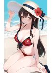  1girl absurdres akagi_(kancolle) alternate_costume beach bikini breasts brown_eyes brown_hair day flower front-tie_bikini_top front-tie_top hat hat_flower highres kantai_collection large_breasts long_hair looking_at_viewer meteor_tail28 ocean outdoors red_bikini red_flower sandals side-tie_bikini_bottom sidelocks sitting solo straight_hair sun_hat swimsuit very_long_hair yokozuwari 