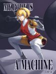  1girl aigis_(persona) android blonde_hair blue_eyes english_text exercising hairband headphones highres joints looking_at_viewer mayonnaisenais3 meme my_body_is_a_machine_(meme) persona persona_3 robot_ears robot_girl robot_joints short_hair smile solo weightlifting 