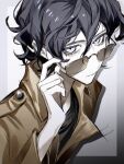  1boy absurdres adjusting_eyewear black_hair black_shirt brown_jacket chromatic_aberration closed_mouth commentary expressionless film_grain glint grey_background highres jacket long_sleeves male_focus pale_skin rectangular_eyewear saibou_shinkyoku shirt short_hair solo sunglasses symbol-only_commentary upper_body utsugi_noriyuki voltmeter_f white_eyes 