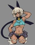  1girl aqua_eyes aqua_shirt arm_behind_head bad_id bad_twitter_id bare_shoulders bell belt belt_buckle belt_pouch blunt_bangs bob_cut breasts buckle cat_girl collar covered_collarbone cowboy_shot crop_top dark-skinned_female dark_skin grey_background grin gun hand_on_own_hip highres large_breasts looking_at_viewer medium_hair ms._fortune_(skullgirls) nagarerurururu navel neck_bell nose pouch shirt simple_background skullgirls smile solo teeth toned toned_female underboob weapon white_hair 