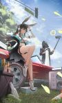  1girl 1other ? ?? absurdres amiya_(arknights) animal_ears anklet aqua_bow aqua_bowtie aqua_eyes arknights arm_up bare_shoulders beer_bottle black_coat black_gloves black_hat black_jacket bottle bow bowtie breasts brown_hair car cellphone chinese_commentary cleavage closed_mouth cloud coat commentary_request crop_top day detached_sleeves doctor_(arknights) ears_through_headwear empty_bottle falling_leaves fingerless_gloves floating_hair from_below full_body gloves grass hair_between_eyes halter_shirt halterneck hand_on_headwear hat head_tilt headphones highres holding holding_stick hood hood_up hooded_coat jacket jewelry kal&#039;tsit_(arknights) large_breasts leaf legs long_hair long_sleeves miguan_pt motor_vehicle on_car phone pleated_skirt ponytail rabbit_ears red_car road_sign selfie_stick shirt shoes sign single_fingerless_glove sitting skirt smartphone smile speaker spoken_character standing stick thigh_strap thighs traffic_cone traffic_light tree two-sided_fabric two-sided_jacket very_long_hair white_shirt white_shoes windshield 