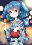  1girl :o blue_eyes blue_hair blurry blurry_background blush commentary_request floral_print floral_print_kimono food hair_bobbles hair_ornament highres holding holding_food japanese_clothes kawashiro_nitori kimono long_sleeves looking_at_viewer medium_hair obi open_mouth print_kimono red_sash ruu_(tksymkw) sash solo touhou two_side_up upper_body wide_sleeves yukata 
