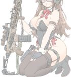  armband assault_rifle black_gloves boots bow breasts brown_hair cleavage closed_mouth collar detached_collar frills glasses gloves gun gun_sling hand_on_own_thigh handgun headset highres holding holding_gun holding_weapon holster kneeling large_breasts legband leotard long_hair microphone mikeran_(mikelan) original partially_fingerless_gloves playboy_bunny rabbit_tail red_bow rifle scope sig_mcx simple_background smile tail thick_thighs thigh_holster thighhighs thighs weapon white_background wide_hips wrist_cuffs 