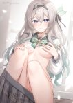  1girl black_bow black_hairband blue_eyes blush bow bowtie breasts cleft_of_venus closed_mouth clothes_lift clothes_pull commentary_request covering_nipples covering_privates fingernails firefly_(honkai:_star_rail) firefly_(spring_missive)_(honkai:_star_rail) gradient_hair green_bow green_bowtie green_hair grey_hair grey_sailor_collar grey_skirt hair_between_eyes hair_bow hairband hand_up honkai:_star_rail honkai_(series) indoors knees_up long_sleeves looking_at_viewer medium_breasts multicolored_eyes multicolored_hair no_bra no_panties official_alternate_costume paid_reward_available purple_eyes pussy sailor_collar shirt shirt_lift shrimp_cake sitting skirt skirt_pull solo twitter_username two-tone_eyes uncensored white_shirt 