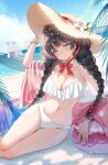  1girl arm_rest arm_up artist_name bare_shoulders beach beach_mat bikini black_hair blue_eyes blush_stickers braid breasts cleavage closed_mouth cloud collarbone commentary day flower frilled_bikini frills haedungi_(shirayuki_hina) hair_ornament halterneck hammock hand_on_headwear hat hat_flower head_tilt heart heart_hair_ornament highres jewelry large_breasts lens_flare light_particles long_hair looking_at_viewer lying myusha navel necklace ocean one-piece_swimsuit outdoors palm_tree pink_sarong sarong shirayuki_hina side-tie_bikini_bottom signature smile solo stellive stomach straw_hat sun_hat sunlight swim_ring swimsuit symbol-only_commentary thighs tree twin_braids very_long_hair virtual_youtuber white_bikini 