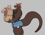  anthro cardboard_box clothed clothing female muscular muscular_female open_mouth ritts scalie simple_background solo standing thick_thighs 