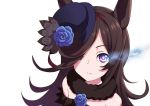  1girl animal_ears bare_shoulders blue_flower brown_hair flower frown hair_over_one_eye hat hat_flower horse_ears horse_girl kuro_oolong long_hair looking_at_viewer purple_eyes rice_shower simple_background solo standing umamusume very_long_hair white_background 