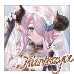  asymmetrical_gloves blue_eyes breasts draph gloves granblue_fantasy hair_ornament hair_over_one_eye highres horns keheszmao large_breasts looking_at_viewer narmaya_(granblue_fantasy) pink_hair pointy_ears smile uneven_gloves 