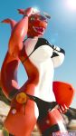  2019 3d_(artwork) anthro ball beach beach_ball big_breasts bikini breasts clothed clothing digimon digimon_(species) digital_media_(artwork) eyewear female guilmon hi_res looking_at_viewer mammal open_mouth outside scalie seaside sky smile solo sowat-blend standing sunglasses swimwear tongue video_games 