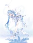 1girl absurdres arm_up asymmetrical_legwear ballerina ballet_slippers blue_hair cai_(user_tyha8354) closed_eyes closed_mouth collarbone dress gloves gramophone_miku gramophone_miku_(frostflower) hair_ornament hatsune_miku highres leaning_forward long_hair miku_symphony_(vocaloid) official_alternate_costume official_alternate_hairstyle short_dress solo strapless strapless_dress thighhighs tutu twintails very_long_hair vocaloid white_dress white_gloves white_thighhighs 