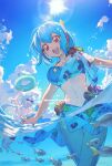  1boy 1girl :d ahoge bikini bikini_skirt blue_bikini blue_hair blue_sky breasts cloud commentary_request dated day facial_mark fish flower grey_hair hair_ornament highres holding holding_swim_ring inflatable_dolphin inflatable_toy inkamuko kura_sushi large_breasts mark_under_eye navel ocean oito_(bowstringsmall) open_mouth outdoors outstretched_arms partially_underwater_shot red_eyes red_flower school_of_fish short_hair sky smile sparkle standing star_(symbol) star_facial_mark star_print sun sunglasses swim_ring swimsuit teeth twitter_username upper_teeth_only wading waruiman 
