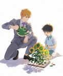  2boys :d age_difference aged_down black_eyes black_hair black_shoes blonde_hair blue_shorts bowl_cut buttons character_sticker child chinese_commentary closed_mouth collared_shirt commentary_request crayon dress_shoes elbow_on_knee flower full_body grey_jacket grey_pants grey_suit highres holding holding_crayon holding_watering_can jacket kageyama_shigeo knee_up kneeling lapels long_sleeves looking_at_object looking_down male_focus mob_psycho_100 multiple_boys necktie no_shoes notched_lapels pants purple_necktie reigen_arataka shirt shoes short_hair short_sleeves shorts simple_background sitting sketchbook smile socks sprinkling suit suit_jacket sunflower wariza water water_drop watering_can white_background white_shirt white_socks wing_collar yiziyiziko 