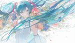  1girl absurdres aqua_necktie aqua_trim arm_tattoo blue_eyes blue_hair commentary_request detached_sleeves doveop eyelashes falling_petals flower hair_between_eyes hatsune_miku headset highres long_hair looking_at_viewer necktie number_tattoo petals red_flower red_petals shirt smile solo tattoo twintails upper_body very_long_hair vocaloid white_background white_flower white_petals white_shirt 