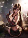  1girl adjusting_clothes adjusting_gloves arm_guards ass bird black_hair black_legwear black_skirt blurry blurry_background dove earrings elbow_gloves final_fantasy final_fantasy_vii final_fantasy_vii_remake gloves highres jewelry liang_xing light long_hair looking_at_viewer low-tied_long_hair miniskirt parted_lips pleated_skirt sitting skirt smile solo suspenders tank_top thighhighs tifa_lockhart 