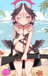  1girl beach bikini black_bikini black_bow black_wings blue_archive blush bow breasts closed_mouth collarbone day feathered_wings feet_out_of_frame floral_print front-tie_bikini_top front-tie_top gun hair_between_eyes hair_bow halo head_wings highres holding holding_gun holding_weapon koharu_(blue_archive) koharu_(swimsuit)_(blue_archive) long_hair looking_at_viewer low_twintails low_wings masute navel ocean official_alternate_costume one_eye_closed outdoors pink_eyes pink_hair pink_halo print_bikini rifle sky small_breasts solo spaghetti_strap starfish swimsuit twintails weapon wings 