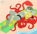  alcohol amphibian beach beverage bulge cephalopod clothing eyewear feet frog green_skin hybrid jeremy_(tenpoundhammer) looking_at_viewer lying male marine mollusk nut-case on_back seaside solo speedo squid sunglasses swimwear tentacles 