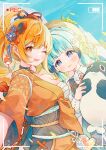  1other 2girls absurdres aqua_hair battery_indicator blue_eyes blunt_bangs blunt_sidelocks blush braid breasts butterfly_choker chest_sarashi choker collarbone genshin_impact hadanugi_dousa hair_ornament hat highres japanese_clothes kamisato_ayaka kamisato_ayaka_(springbloom_missive) kimono long_hair long_sleeves looking_at_viewer medium_breasts multiple_girls off_shoulder official_alternate_costume official_alternate_hairstyle one_eye_closed open_mouth orange_eyes orange_kimono recording sarashi selfie sidelocks smile wide_sleeves xianyuzi yoimiya_(genshin_impact) 
