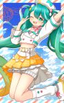  1girl 39 absurdres aqua_eyes aqua_hair arm_up blonde_hair blush bow bowtie crop_top gradient_hair hair_between_eyes hair_ornament hatsune_miku highres jacket long_hair long_sleeves looking_at_viewer magical_mirai_(vocaloid) magical_mirai_miku magical_mirai_miku_(2024) midriff multicolored_hair official_alternate_costume official_alternate_hairstyle one_eye_closed open_mouth pink_bow pink_bowtie pleated_skirt shoes shonasan shorts shorts_under_skirt skirt smile solo twintails v very_long_hair vocaloid white_jacket white_shoes yellow_skirt 