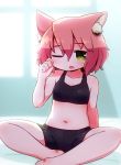  1girl 7th_dragon 7th_dragon_(series) animal_ear_fluff animal_ears bangs bare_arms bare_legs bare_shoulders barefoot bed_sheet bike_shorts black_bra black_shorts blush bra cat_ears collarbone commentary_request eyebrows_visible_through_hair green_eyes hair_between_eyes harukara_(7th_dragon) highres looking_at_viewer messy_hair naga_u navel one_eye_closed parted_lips pink_hair short_shorts shorts sitting solo sports_bra underwear waking_up wavy_mouth 