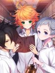  3boys ahoge black_eyes black_hair blue_eyes book commentary_request emma_(yakusoku_no_neverland) eyebrows_visible_through_hair green_eyes hair_over_one_eye highres holding holding_book holding_lamp kyundoo long_sleeves looking_at_viewer medium_hair messy_hair multiple_boys norman_(yakusoku_no_neverland) orange_hair ray_(yakusoku_no_neverland) shirt short_hair silver_hair white_shirt yakusoku_no_neverland 