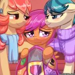  1:1 2019 aunt_holiday_(mlp) auntie_lofty_(mlp) bodily_fluids clothing crying equid equine female friendship_is_magic group horse lumineko mammal my_little_pony pony pterippus scarf scootaloo_(mlp) sweater tears topwear wings 