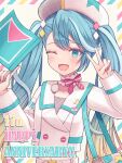  1girl absurdres aqua_eyes aqua_hair bag belt beret blonde_hair blush cropped_jacket flag gradient_hair hair_between_eyes hair_ornament happy_anniversary hat hatsune_miku highres holding holding_flag jacket long_hair long_sleeves looking_at_viewer magical_mirai_(vocaloid) magical_mirai_miku magical_mirai_miku_(2024) meemen midriff multicolored_hair navel official_alternate_costume official_alternate_hairstyle one_eye_closed open_mouth shoulder_bag smile solo twintails v very_long_hair vocaloid white_belt white_hat white_jacket 