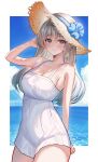  1girl absurdres alternate_costume arm_behind_back arm_up bare_shoulders beach blue_flower blush breasts cleavage closed_mouth collarbone devl_ga_aru dress firefly_(honkai:_star_rail) flower gradient_hair green_hair grey_hair hair_between_eyes hat hat_flower highres honkai:_star_rail honkai_(series) large_breasts long_hair looking_at_viewer multicolored_hair red_eyes smile solo straw_hat white_dress 