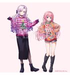  2girls aoiro_oto black_boots black_skirt boots bow braid brown_pantyhose character_print choker christmas_tree_print closed_mouth full_body gloves hair_bow hand_on_own_hip highres hyakumantenbara_salome knee_boots kneehighs long_hair long_sleeves multiple_girls nijisanji official_art pantyhose parted_lips pink_background pink_hair purple_eyes purple_gloves purple_hair sample_watermark short_shorts shorts simple_background skirt smile socks standing suo_sango sweater virtual_youtuber watermark white_socks winter_clothes 