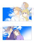  2girls 3boys ahoge alphonse_elric backlighting bangs bare_shoulders black_jacket blonde_hair blue_eyes blue_sky brothers brown_hair closed_eyes cloud cloudy_sky commentary_request couple day dress_shirt earrings edward_elric english_text expressionless eyebrows_visible_through_hair eyewear_removed father_and_son floating_hair fullmetal_alchemist glasses hands_on_own_face happy hetero hug hug_from_behind in_ventus jacket jewelry long_sleeves looking_away looking_up mother_and_son multiple_boys multiple_girls ponytail profile purple_shirt sad shirt siblings side_ponytail sky smile text_focus transparent_background trisha_elric upper_body van_hohenheim white_shirt winry_rockbell yellow_eyes 