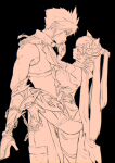  1boy 1girl animal_ears apron bare_shoulders black_background boots breasts chain claw_(weapon) clawed_gauntlets cloud_strife commentary_request couple feet_out_of_frame fenrir_(final_fantasy) final_fantasy final_fantasy_vii final_fantasy_vii_advent_children final_fantasy_vii_ever_crisis finger_to_another&#039;s_mouth from_side hand_on_another&#039;s_cheek hand_on_another&#039;s_face hand_on_another&#039;s_leg hand_on_another&#039;s_neck hand_on_another&#039;s_shoulder headpiece height_difference high_heel_boots high_heels high_ponytail highres large_breasts leg_up long_hair looking_at_another ninnin5tora official_alternate_costume ponytail portrait scarf shirt short_hair sleeveless sleeveless_shirt spiked_hair standing standing_on_one_leg tifa_lockhart tifa_lockhart_(armor_of_the_worthy) waist_apron weapon wolf_ears 