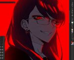  1girl art_program_in_frame clip_studio_paint_(medium) ear_piercing earrings eyeliner glasses grin honosuke_(tns4b) jewelry last_defense_academy_school_uniform long_hair looking_at_viewer makeup official_alternate_eye_color piercing portrait purple_hair red_background red_eyeliner red_eyes school_uniform shizuhara_hiruko smile solo the_hundred_line_-last_defense_academy- 