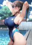  1girl armpits arms_up black_hair blue_one-piece_swimsuit blurry blurry_background blush breasts brown_eyes commentary_request ear_piercing from_side highleg highleg_one-piece_swimsuit highres konata_(kankin_jk) large_breasts long_hair looking_ahead mishiranu_joshikousei_ni_kankin_sareta_mangaka_no_hanashi one-piece_swimsuit outdoors parted_lips piercing pool ryouma_(galley) solo swimsuit 