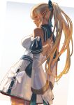  1girl absurdres back_bow blonde_hair bow bow_skirt breasts closed_mouth commentary_request criss-cross_back-straps dark-skinned_female dark_elf dark_skin detached_collar detached_sleeves elf from_behind garter_straps gloves hair_bow high_ponytail highres hololive large_breasts long_hair long_sleeves looking_at_viewer looking_back miniskirt pleated_skirt pointy_ears ponytail qdx4p shiranui_flare shiranui_flare_(1st_costume) shirt sidelocks simple_background skirt skirt_set smile solo standing very_long_hair virtual_youtuber white_background white_garter_straps white_gloves white_shirt white_skirt white_sleeves wide_sleeves 