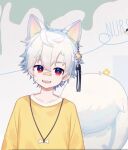  1boy animal_ears bandaid bandaid_on_face bandaid_on_nose collar dog_boy dog_ears lu_yejiu male_focus non-web_source pale_skin red_eyes tail white_animal_ears white_hair 