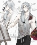  1boy artist_name blue_eyes blue_hair casual character_cup character_print cigarette collarbone da_re666 drinking easel grey_tank_top heterochromia highres holding holding_paintbrush jujutsu_kaisen long_hair low-tied_long_hair mahito_(jujutsu_kaisen) male_focus paint_palette paintbrush painting_(action) pale_skin russian_text scar scar_across_eye scar_on_face scar_on_neck sketch smoking stitched_torso stitches tank_top translated 