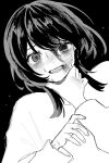  baggy_clothes bags_under_eyes black_hair blood blood_on_face crying dark_background fangs greyscale hanataro_(sruvhqkehy1zied) hand_on_another&#039;s_neck heterochromia highres long_sleeves monochrome original strangling sweatdrop wolf_cut 