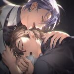  2boys baegji13 black_background black_shirt blurry blush brown_eyes brown_hair detached_collar earrings eiden_(nu_carnival) fangs fingernails from_side hair_between_eyes hand_on_another&#039;s_neck hands_on_another&#039;s_chest head_on_another&#039;s_chest hug jacket jewelry kuya_(nu_carnival) long_sleeves looking_at_another looking_down male_focus multiple_boys nail_polish necklace nu_carnival official_alternate_costume open_mouth profile purple_hair purple_nails saliva shirt short_hair smile sweat tears teeth third-party_source tongue turtleneck upper_body white_jacket yaoi yellow_eyes 