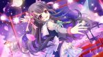  1girl :d architecture back_bow bare_shoulders black_hair blue_dress blue_skirt blush bow bridge cherry_blossoms detached_sleeves dot_nose dress dutch_angle east_asian_architecture falling_petals film_grain from_side full_moon game_cg green_ribbon grey_sleeves hair_ornament headset ichikishima_mizuha idol idol_clothes izumi_tsubasu lantern large_bow layered_skirt lens_flare long_hair looking_at_viewer looking_to_the_side moon night night_sky non-web_source official_art open_mouth outdoors petals pink_petals pink_scrunchie print_scrunchie purple_bow purple_eyes re:stage! ribbon river scrunchie short_dress skirt sky sleeveless sleeveless_dress smile solo sparkle stage_lights star_(symbol) star_print straight_hair striped_clothes striped_skirt vertical-striped_clothes vertical-striped_skirt white_skirt wrist_scrunchie 