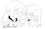  2girls aoki_hina bang_dream! bang_dream!_it&#039;s_mygo!!!!! blush closed_eyes commentary_request greyscale highres holding holding_microphone jhon_trick kaname_raana long_hair microphone monochrome multiple_girls open_mouth sidelocks takamatsu_tomori voice_actor voice_actor_connection youmiya_hina 