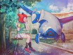  1girl :d black_legwear blue_sky closed_eyes cloud day from_side gen_3_pokemon green_shirt kanon_(pokemon) latios miniskirt mu_acrt open_mouth outdoors pleated_skirt pokemon pokemon_(anime) pokemon_(creature) pokemon_m05 red_eyes red_footwear red_hair shirt short_hair short_sleeves sitting skirt sky smile white_skirt 