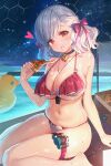  1girl absurdres bell between_breasts bikini bison_cangshu black_choker blush bow breasts cheese cheese_trail choker cleavage food girls&#039;_frontline grey_hair hair_bow highres holding large_breasts looking_at_viewer medium_hair multicolored_bikini navel neck_bell official_alternate_costume pizza pizza_slice plump pool poolside red_bikini red_bow red_eyes sabrina_(girls&#039;_frontline_2) sabrina_(strawberry_zabaione)_(girls&#039;_frontline_2) side-tie_bikini_bottom sitting smile solo spas-12_(girls&#039;_frontline) string_bikini swimsuit thigh_strap two-tone_bikini underboob water wet 