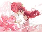  2girls angel_wings artist_request bare_shoulders bead_bracelet beads bow bowtie bracelet choker closed_eyes collared_dress commission cowboy_shot detached_sleeves dress drill_hair dual_persona earrings eyelashes feathered_wings feathers fine_(futagohime) fine_(universal_princess)_(futagohime) fingernails floating_clothes floating_hair frilled_sleeves frills fushigiboshi_no_futago_hime gleam gold_bracelet gold_earrings gold_tiara gown hair_beads hair_floating_upwards hair_ornament hand_grab heart heart_earrings high_collar highres interlocked_fingers jewelry juliet_sleeves light_particles long_dress long_hair long_sleeves multiple_girls off-shoulder_dress off_shoulder pink_dress pink_hair pink_sleeves puffy_sleeves red_eyes second-party_source short_sleeves sleeve_cuffs sparkle tiara transformation twin_drills twitter_username watermark white_background white_bow white_bowtie white_sleeve_cuffs white_sleeves white_wings wings yellow_choker 
