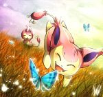  aishishi arthropod blue_butterfly butterfly cute_fangs daww duo eyes_closed fur grass happy insect lepidopteran low_res nintendo open_mouth pink_fur pok&eacute;mon pok&eacute;mon_(species) skitty smile tongue video_games 