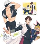  1girl 3boys :3 blindfold blindfold_lift blue_eyes brown_hair cardboard_cutout cat cat_girl drawfee furry furry_female gojou_satoru jacket jujutsu_kaisen kabina kaiba_seto karina_farek male_focus multiple_boys nipples open_clothes open_jacket open_mouth smile white_hair yami_yugi yu-gi-oh! yu-gi-oh!_duel_monsters 