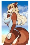  anthro beach big_breasts blush breasts canid canine clothed clothing female hi_res looking_at_viewer mammal outside porin seaside solo standing swimwear 